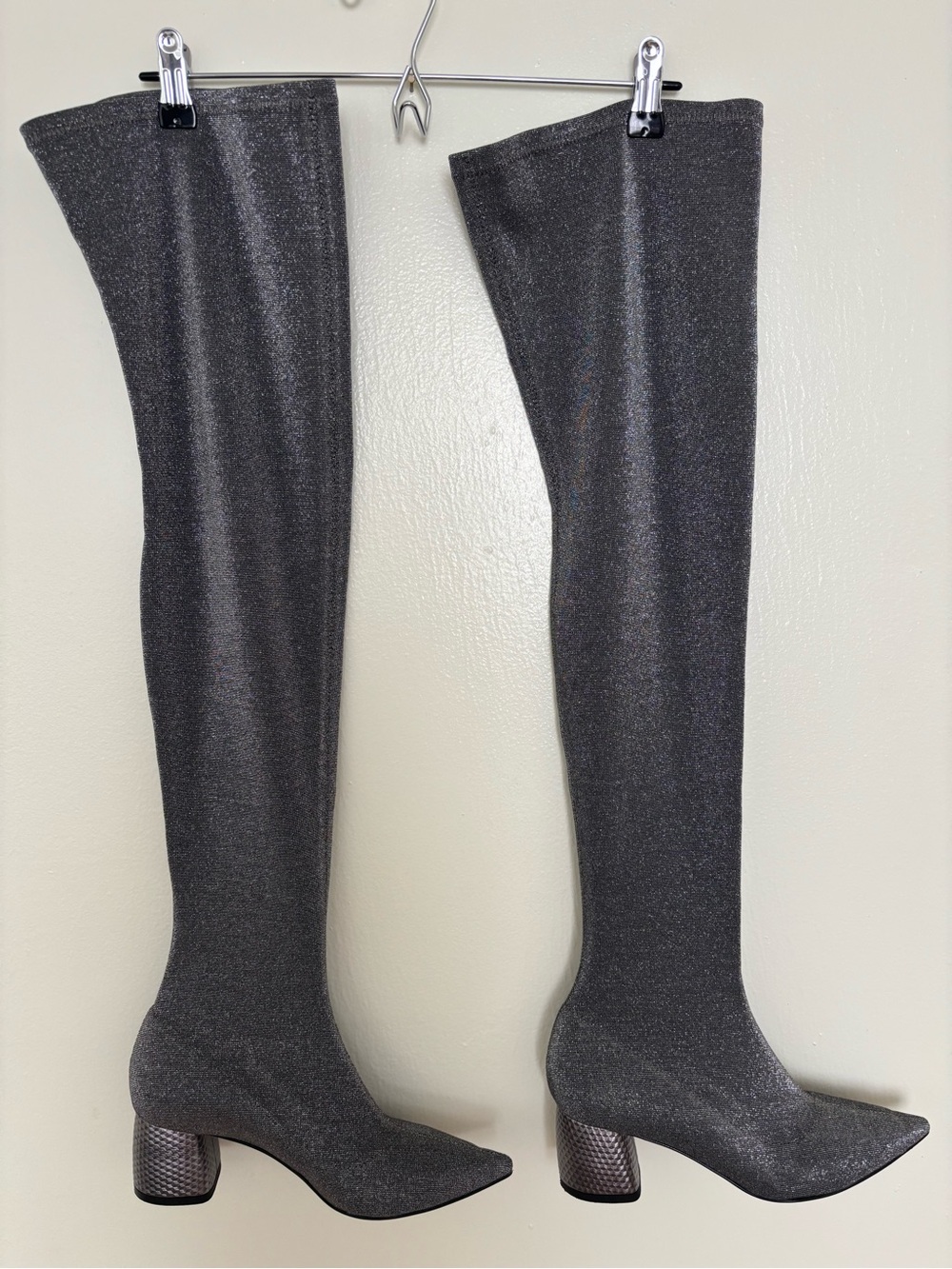 POLLINI Shimmery Over-the-Knee Pointed Toe Boots - Metallic Charcoal